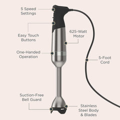 Vitamix 5-Speed Immersion Blender, Professional-Grade Hand Blender with 625-Watt Motor and Stainless-Steel Blade, Stainless Steel/White