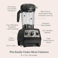 Vitamix Propel Series 750 Professional-Grade Blender with Four Blending Programs for Smoothies, Soups and More, Self-Cleaning, Stainless-Steel Blades, 64 Oz Container, Black